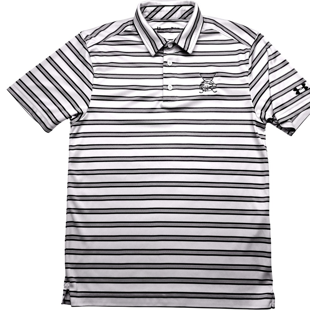 Under Armour Polo Shirt Mens Small‎ White Black Excellent Striped HeatGear Golf
